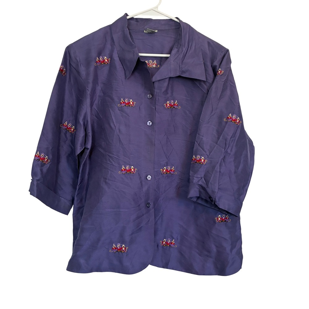 Vintage Novelty Print Embroidered Monkey Silk Blouse Women Size XL Purple Whimsy